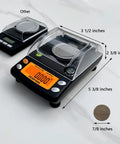 Milligram Scale With Large Display And Dual Powered Pro Grade Digital Powder Scale For Precise Weighing 50g By 0.001g Resolution shown with size dimensions and comparison coin