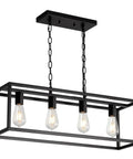 Modern Rectangle Black 4 Light Pendant For Dining Room And Kitchen Island Lighting Fixture With Adjustable Height Chains And Easy Install Sleek Linear Cage Farmhouse Ceiling Light with open black metal cage design.