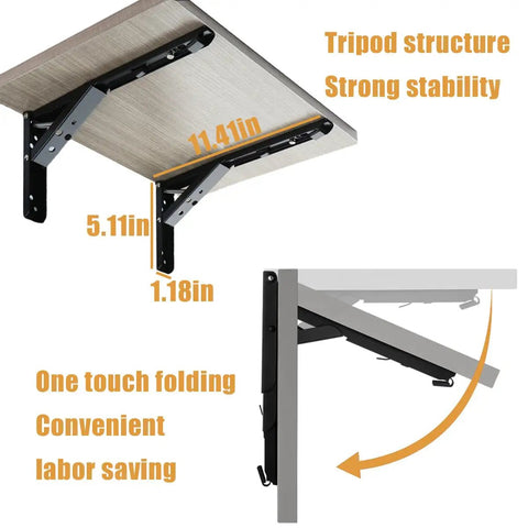Heavy Duty 90 Degree Self Locking Folding Hinge For Wall Mount Drop Leaf Tables That Saves Serious Floor Space And Clicks Into Place Dead Simple With Rock Solid Grip, shown in tripod structure with dimensions.
