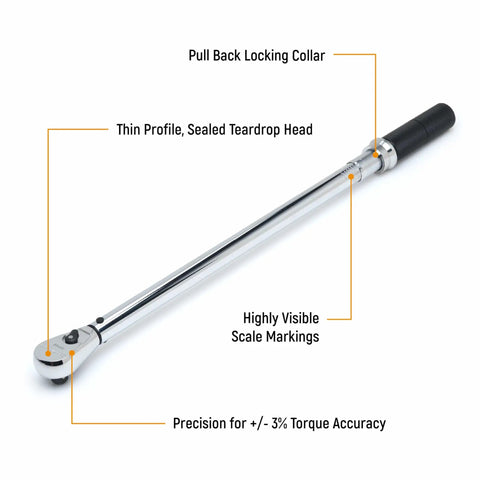 One Half Inch Drive Micrometer Torque Wrench 30 To 250 Foot Pounds, Plus Minus Three Percent Accuracy, Quick Twist Pull Adjustment Collar For Fast Torque Settings