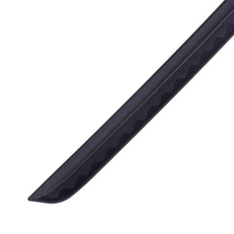 Close-up of the black blade of Dope Training Katana Sword For Martial Arts Practice, blunt polypropylene, realistic look.