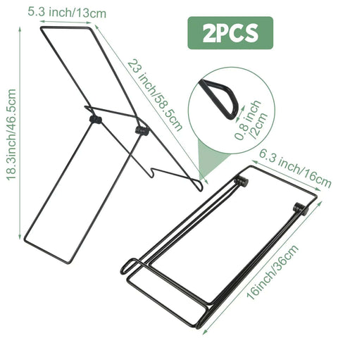 Diagram showing 2 Pack Portable Folding Solar Panel Stand With Quick Angle Adjustment Lightweight Mount dimensions and foldability.