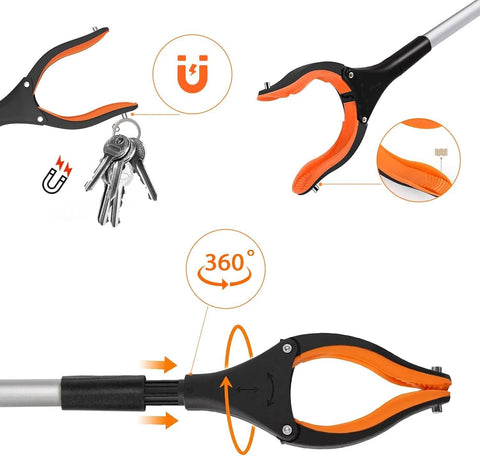 43-inch foldable grabber tool with magnets featuring rotating jaw and magnetic tip for easy pickup of keys and small metal items.