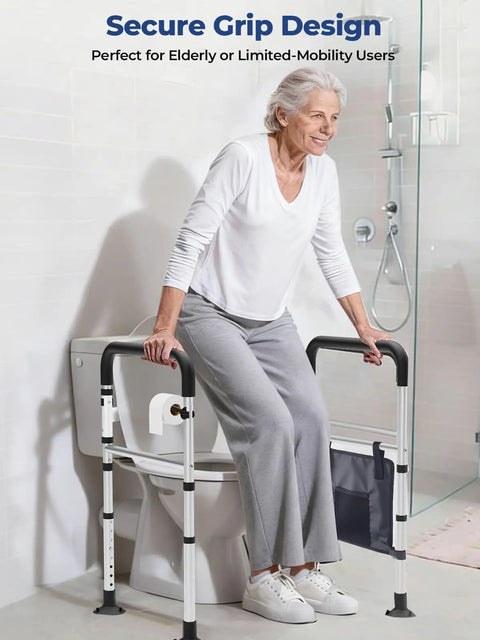 Rock Solid Adjustable Toilet Safety Rails, Foldable Assist Frame That Packs A Punch for Seniors and Bariatric Users, heavy duty handles with grey pants.