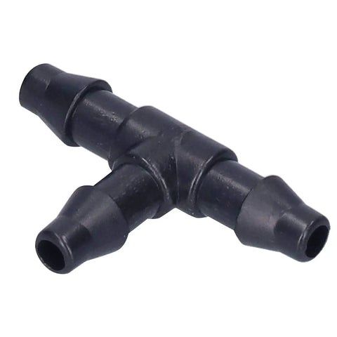 Close-up of black plastic Drip Irrigation Tee Connectors Kit for 4/7 Inch Hose, 100 Pack Garden Fittings, angled view