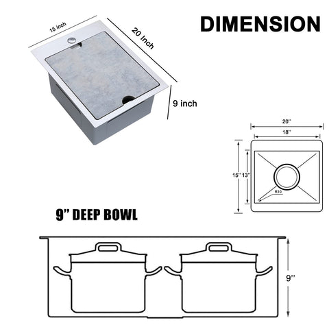 Dimensions illustration of 15x20 Drop In Bar Sink Top Mount Stainless Steel Wet Bar Sink With Grid Strainer And Cutting Board