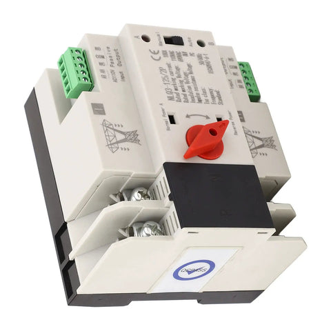 Automatic Transfer Switch 2 Pole AC 110V 100A Power Transfer Switch For Generator Changeover DIN Rail Mounted Electrical Selector No Fuss Self Throwing And Self Returning Design For Reliable Backup Power. 2-pole DIN rail switch with red manual knob