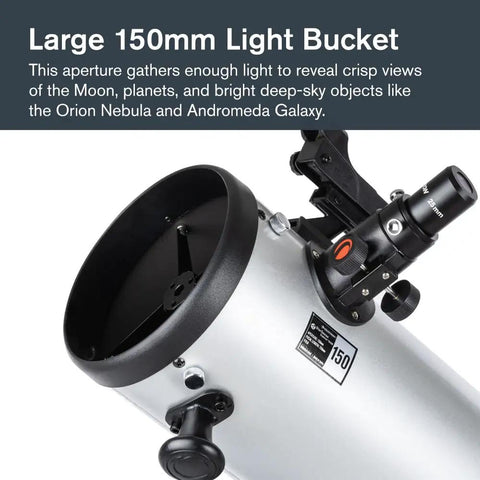 StarSense Explorer 150AZ App Enabled Telescope with 150mm Dobsonian mount and StarSense app visible in close-up view