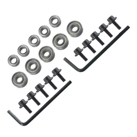 Pro Grade 10 Pack Top Mounted Ball Bearing Replacement Kit For Router Bits With Screws And Hex Key, Steel Guide Bearings For Repair And High RPM Use, Silver Finish, 9.52mm And 12.7mm OD, bearings and screws laid out