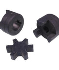 Three-piece black L-jaw coupling set with Buna-N rubber spider; two hubs and a cross-shaped piece.
