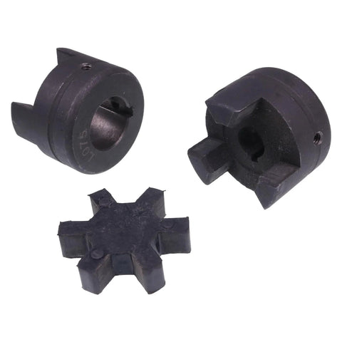 Three-piece black L-jaw coupling set with Buna-N rubber spider; two hubs and a cross-shaped piece.