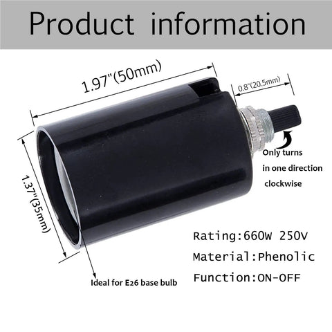 Beefy Black E26 Medium Base Phenolic Husk Socket With Bottom Turn Knob And On Off Switch Screw Terminals Heavy Duty 660W 250V 1/8 IP By 3/8 Inch Long Bushing 1 Pack, black phenolic socket with dimensions