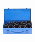 Huge 10 Piece Deep Impact Socket Set With 1 Inch Drive And Steel Construction Perfect For Gnarly Automotive Jobs Or Heavy Industrial Fixes Comes With Neat Blue Storage Box To Keep Tools Snug.