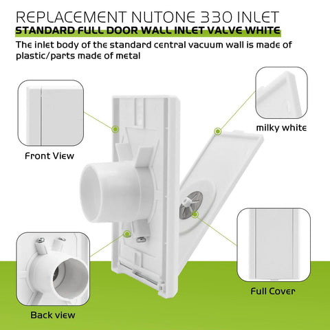 Central vacuum inlet valve, white plastic with full door cover; 2-pack