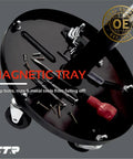 Close-up of rolling mechanic shop stool's magnetic tool tray holding bolts and tools, designed for garage and workbench use.
