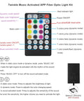 Remote control features for Fiber Optic Sensory Light Engine With Twinkle RGBW And Music Activation, including buttons and functions.