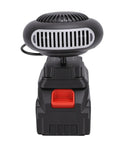 Quick Warm Up Battery Operated Compact Warmer With Anti Tip Safety For Cars Homes Outdoors Dual Rechargeable Lithium Cells Fast Windscreen Defroster That Truly Slays The Winter Chill, black portable heater with fan and battery base.