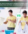 Comparison of Must Have Gear Universal Ironing Aid Boot With PTFE Coating and damaged shirt on ironing board