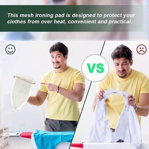 Comparison of Must Have Gear Universal Ironing Aid Boot With PTFE Coating and damaged shirt on ironing board