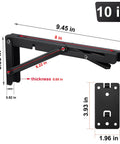 Built Tough Heavy Duty 10 Inch Folding Shelf Brackets 2 Pack Detachable Wall Mount Braces for RV Garage Kitchen dimensions displayed.