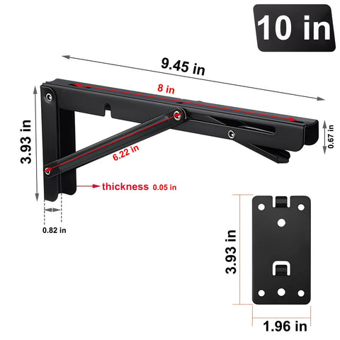 Built Tough Heavy Duty 10 Inch Folding Shelf Brackets 2 Pack Detachable Wall Mount Braces for RV Garage Kitchen dimensions displayed.