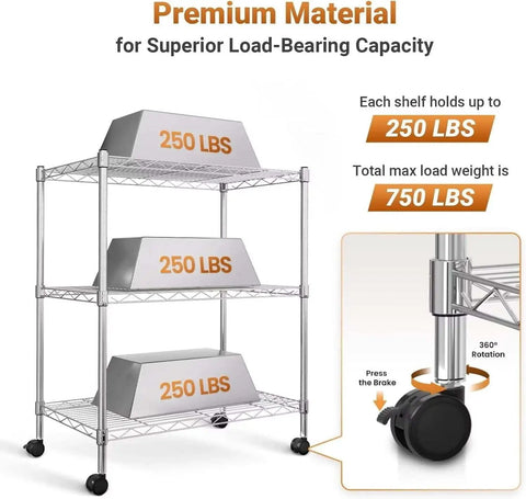 Heavy Duty 3 Tier Wire Shelving Cart With Smooth Rolling Wheels, Adjustable Chrome Steel Storage Rack showing load capacity of 250 lbs per shelf.