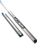 Heavy Duty Full Extension Drawer Slides That Lock Down Solid, shown with dual row ball bearing runners in metallic finish.
