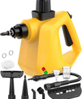 Heavy Duty Handheld Steam Cleaner That Cracks Down On Stubborn Grease And Grime Without Breaking A Sweat, yellow steamer with attachments.