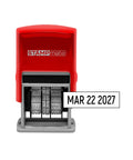 Top Shelf Self Inking Date Stamp With Adjustable Month Day Year Dial For Slick Office Sorting Shipping Invoices And Expiration Tagging Quick Red Ink, shown with date MAR 22 2027.