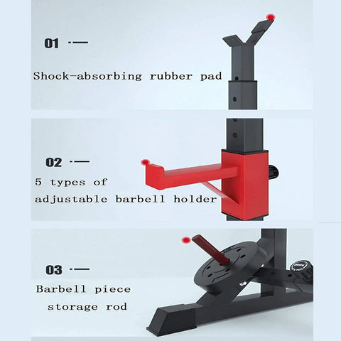 Beefy Heavy Duty Bench Press And Squat Rack With Adjustable Height 260Kg Weight Capacity showcasing rubber pad, barbell holder, and storage rod.