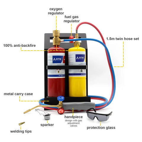 Oxygen MAPP Pro Grade Torch Kit With Portable Cylinder Stand, dual regulators, hose set, protection glass, and extra nozzle.