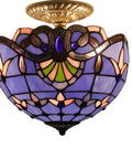 Tiffany Style Baroque Stained Glass Ceiling Light Fixture In Blue And Purple Semi Flush Mount 12 Inch Shade 11 Inch Height Antique Green Bronze Finish Hardwired Ceiling Fixture Requires Two LED Modules close-up of patterned glass
