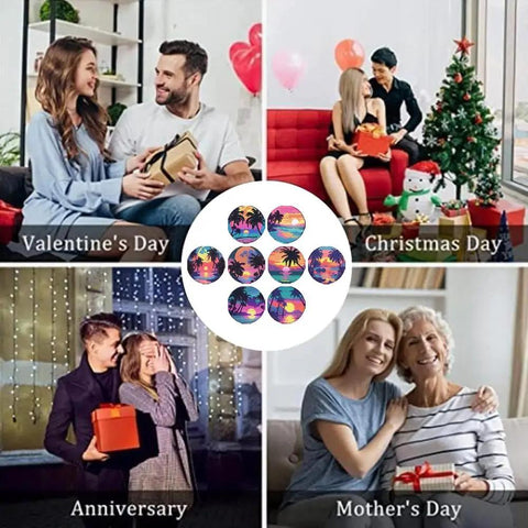 Collage showing people gifting 8 Piece Diamond Painting Coasters Kit With Holder for various occasions like Valentine's and Christmas.