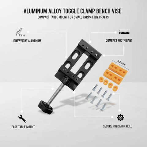 Aluminum Alloy Toggle Clamp Vise mounted, compact 5.2 inch, for small parts and DIY crafts, secure precision hold.