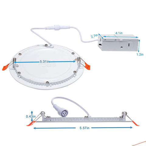 Dimensions and components of 12 Pack 5-Inch LED Recessed Lights With Junction Box, 5CCT Selectable 2700K-5000K, Ultra-Thin Design
