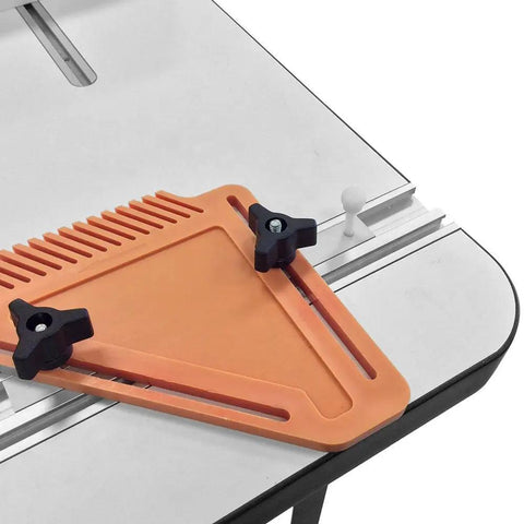 Flat Out Solid Featherboard Locking Kit featuring heavy duty anodized aluminum miter T bars mounted on a table saw.