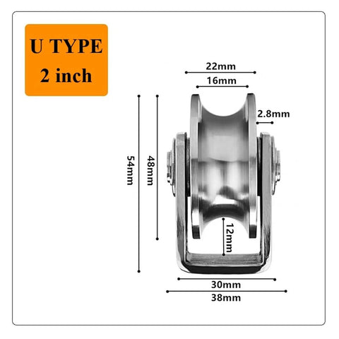 Built Tough 304 Stainless Steel Groove Caster Wheel For Sliding And Rolling Gates 2 inch U Type dimensions and details