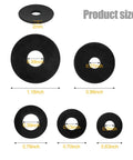 Product sizes of 50 Piece Rubber Washers Kit With Five Sizes 16mm 18mm 20mm 25mm And 30mm Black Vibration Dampening Pads For Faucets Hoses Screws And Bolts Home DIY Plumbing And Automotive Repairs displayed in various dimensions.