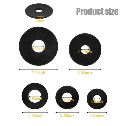 Product sizes of 50 Piece Rubber Washers Kit With Five Sizes 16mm 18mm 20mm 25mm And 30mm Black Vibration Dampening Pads For Faucets Hoses Screws And Bolts Home DIY Plumbing And Automotive Repairs displayed in various dimensions.