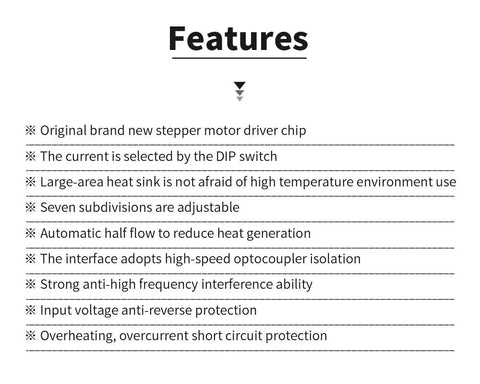Features list for Four Pack Stepper Motor Driver Controller For CNC Machines, 4A 9 To 42V Bipolar H Bridge, Nema Two Phase Hybrid Driver