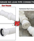 Flexible Bathtub Drain Pipe With Super Sleek Low Profile Flat 1 1/2 Inch P Trap comparison of no-leak connections in two setups.