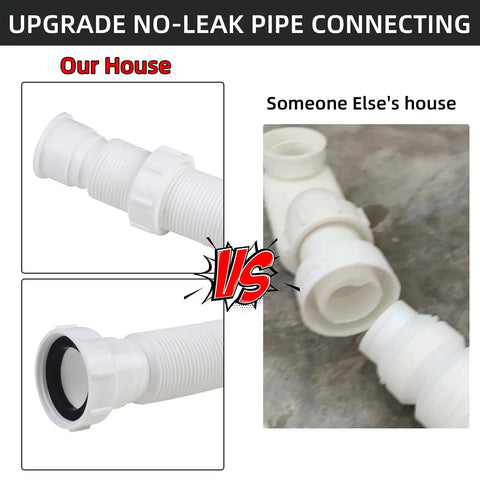 Flexible Bathtub Drain Pipe With Super Sleek Low Profile Flat 1 1/2 Inch P Trap comparison of no-leak connections in two setups.