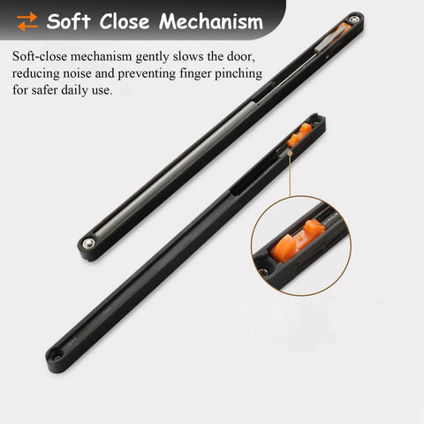 Close-up of black aluminum sliding track with soft-close mechanism for Hidden Sliding Mirror Closet Door Track Kit For Narrow Openings.