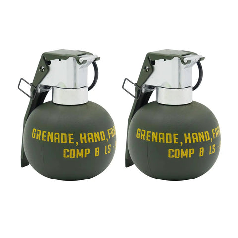 Two army green dummy grenades side by side, made from durable nylon plastic for airsoft tactics and cosplay gear.