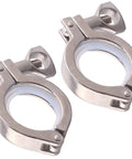 Pair of stainless steel sanitary tri-clamp clamps with white silicone gaskets and wing-nut fasteners (50.5mm TC)