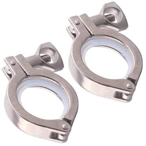 Pair of stainless steel sanitary tri-clamp clamps with white silicone gaskets and wing-nut fasteners (50.5mm TC)