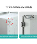 Heavy Duty ABS Electrical Enclosure Box With IP67 Waterproof Rating For 100x150x90mm showing self-tapping screw and hanging corner installation methods.