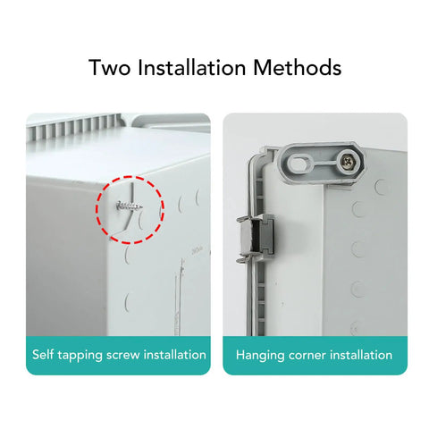 Heavy Duty ABS Electrical Enclosure Box With IP67 Waterproof Rating For 100x150x90mm showing self-tapping screw and hanging corner installation methods.