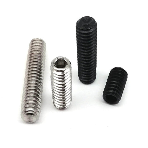 10 Pack UNC 1/4-20 Set Screws, 304 Stainless Steel Black Oxide Hex Socket Cup Point Grub Bolts displayed from various angles