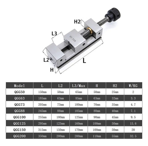 Precision Right Angle Vise Built Tough With Quenched Steel For Cnc And Grinding Work Clamps dimensions and specifications chart.